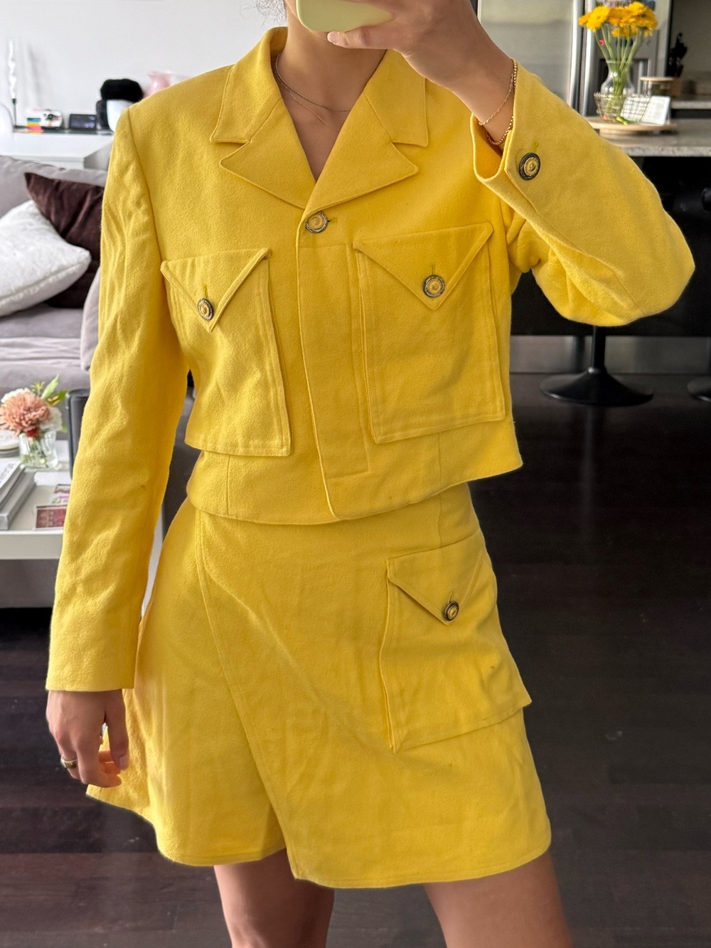 Versace Yellow Cropped Blazer and Skort Set